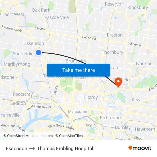 Essendon to Thomas Embling Hospital map