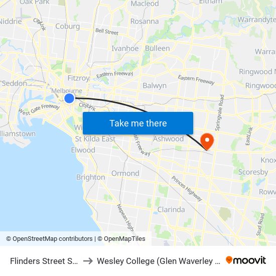 Flinders Street Station to Wesley College (Glen Waverley Campus) map