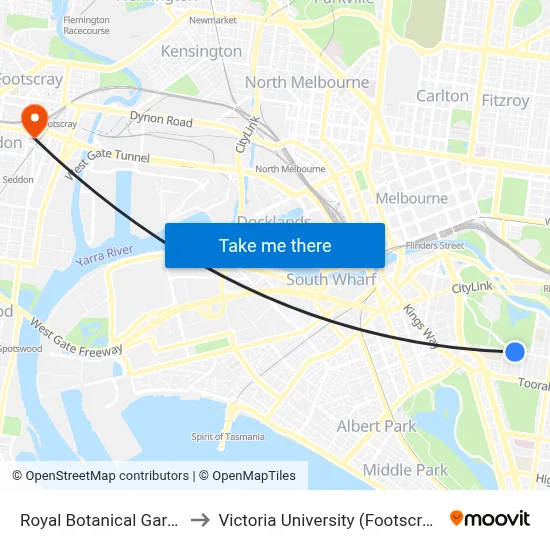 Royal Botanical Gardens/Domain Rd to Victoria University (Footscray Nicholson Campus) map