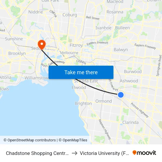Chadstone Shopping Centre/Eastern Access Rd to Victoria University (Footscray Nicholson Campus) map