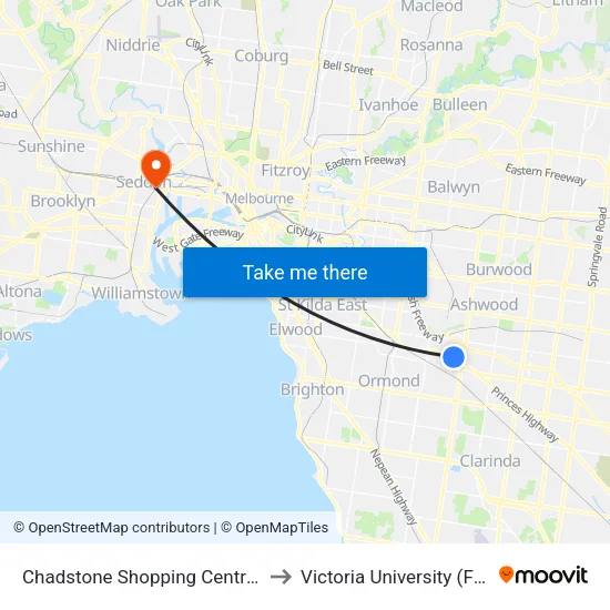 Chadstone Shopping Centre/Eastern Access Rd to Victoria University (Footscray Nicholson Campus) map