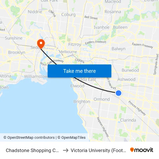 Chadstone Shopping Centre/Eastern Access Rd to Victoria University (Footscray Nicholson Campus) map