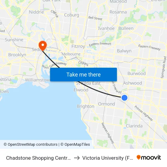 Chadstone Shopping Centre/Eastern Access Rd to Victoria University (Footscray Nicholson Campus) map