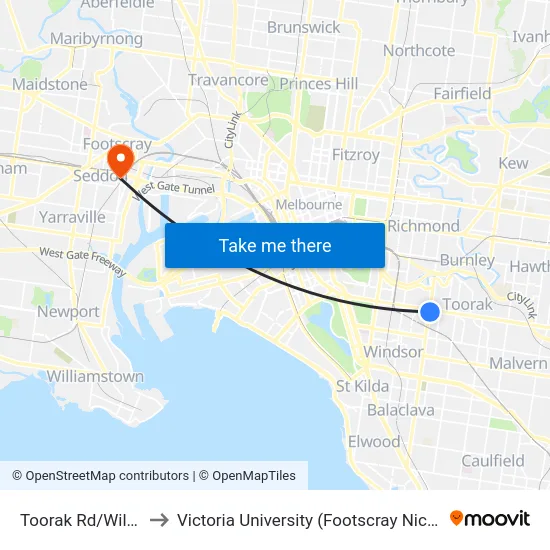 Toorak Rd/Williams Rd to Victoria University (Footscray Nicholson Campus) map