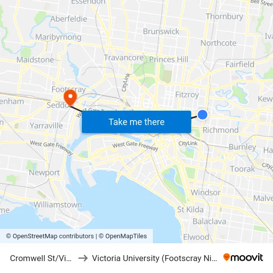 Cromwell St/Victoria Pde to Victoria University (Footscray Nicholson Campus) map