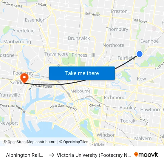 Alphington Railway Station to Victoria University (Footscray Nicholson Campus) map