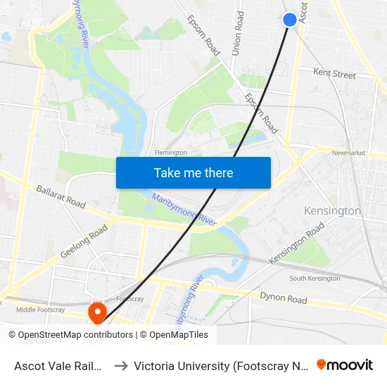 Ascot Vale Railway Station to Victoria University (Footscray Nicholson Campus) map
