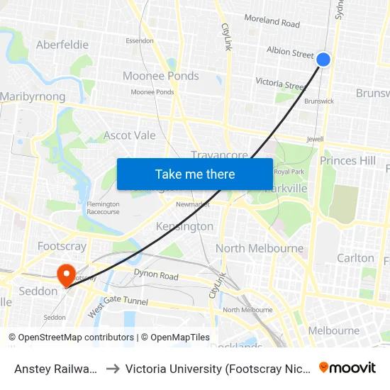 Anstey Railway Station to Victoria University (Footscray Nicholson Campus) map