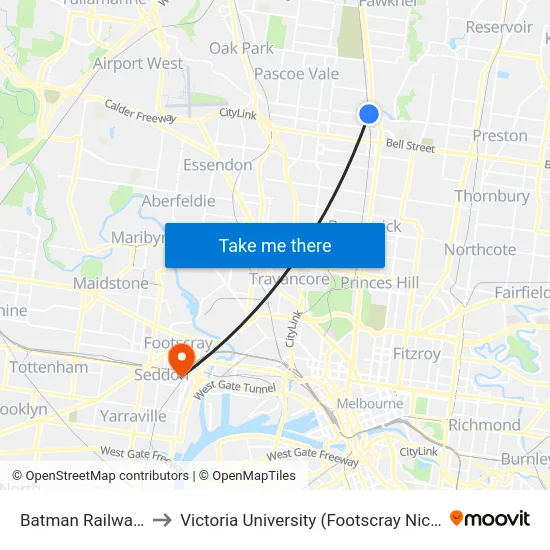 Batman Railway Station to Victoria University (Footscray Nicholson Campus) map