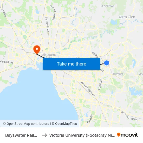 Bayswater Railway Station to Victoria University (Footscray Nicholson Campus) map