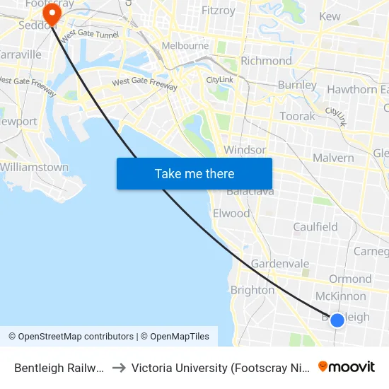 Bentleigh Railway Station to Victoria University (Footscray Nicholson Campus) map