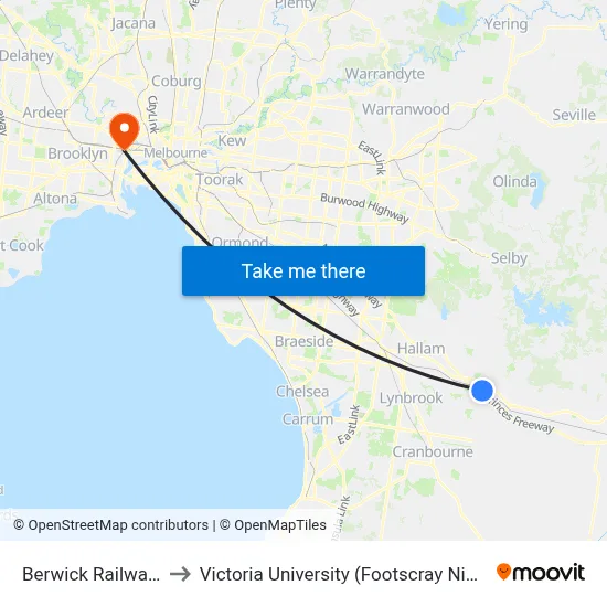 Berwick Railway Station to Victoria University (Footscray Nicholson Campus) map