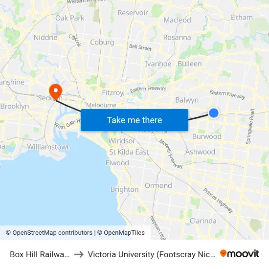 Box Hill Railway Station to Victoria University (Footscray Nicholson Campus) map