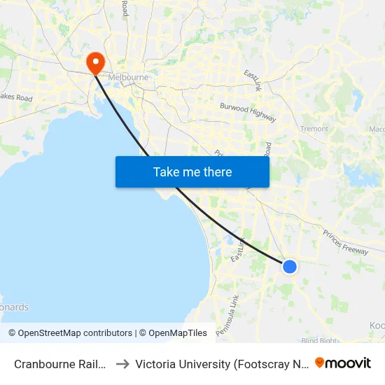 Cranbourne Railway Station to Victoria University (Footscray Nicholson Campus) map