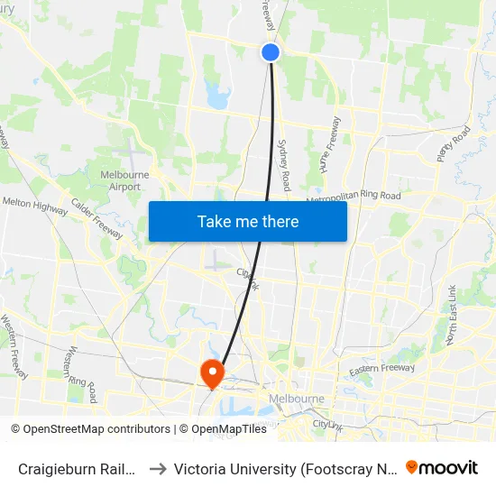 Craigieburn Railway Station to Victoria University (Footscray Nicholson Campus) map