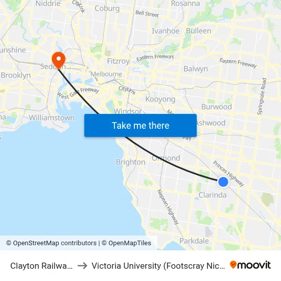Clayton Railway Station to Victoria University (Footscray Nicholson Campus) map