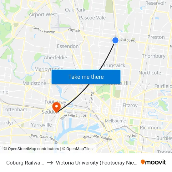 Coburg Railway Station to Victoria University (Footscray Nicholson Campus) map