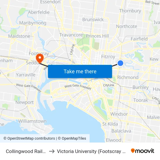 Collingwood Railway Station to Victoria University (Footscray Nicholson Campus) map
