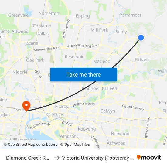 Diamond Creek Railway Station to Victoria University (Footscray Nicholson Campus) map