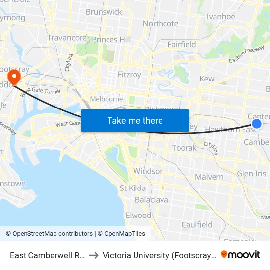 East Camberwell Railway Station to Victoria University (Footscray Nicholson Campus) map