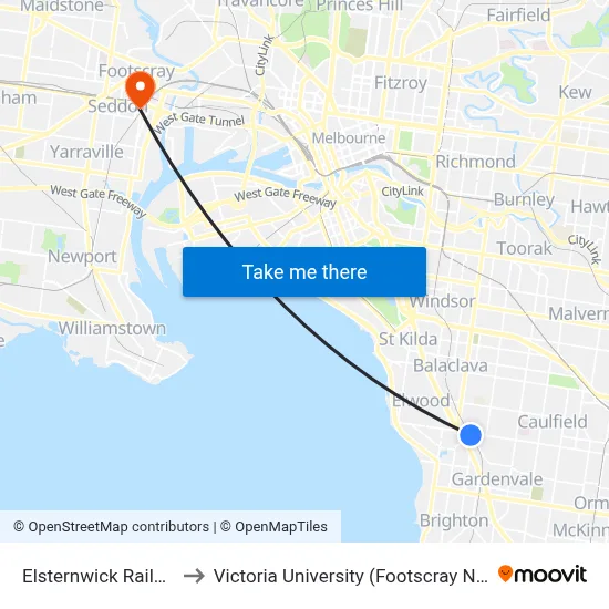 Elsternwick Railway Station to Victoria University (Footscray Nicholson Campus) map