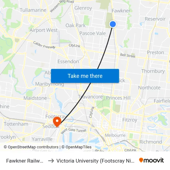 Fawkner Railway Station to Victoria University (Footscray Nicholson Campus) map