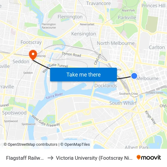 Flagstaff Railway Station to Victoria University (Footscray Nicholson Campus) map
