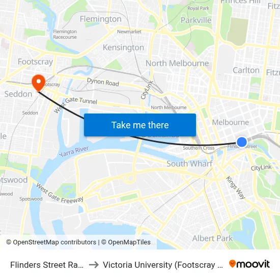 Flinders Street Railway Station to Victoria University (Footscray Nicholson Campus) map