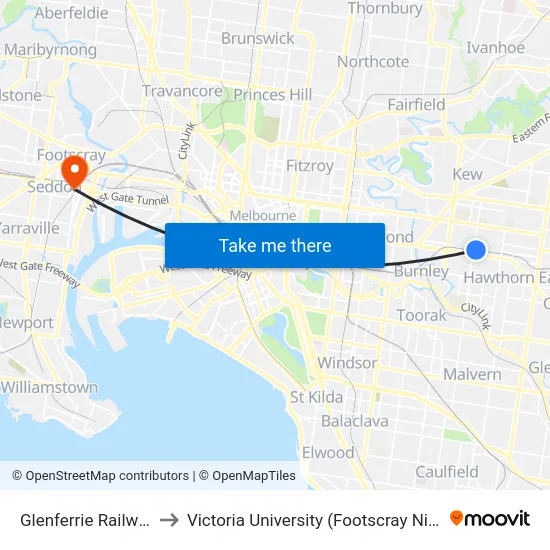 Glenferrie Railway Station to Victoria University (Footscray Nicholson Campus) map