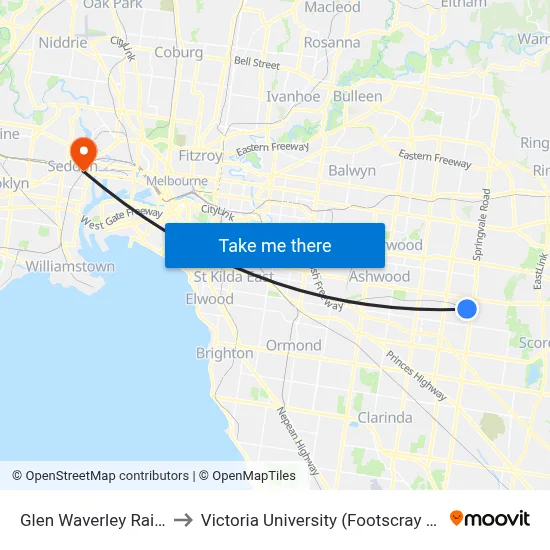 Glen Waverley Railway Station to Victoria University (Footscray Nicholson Campus) map