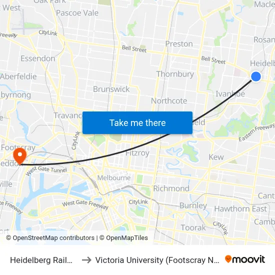 Heidelberg Railway Station to Victoria University (Footscray Nicholson Campus) map