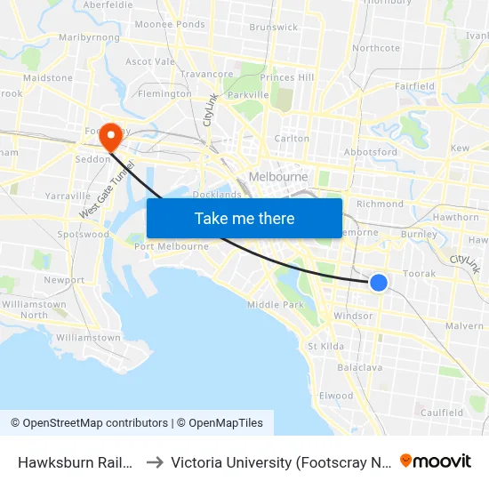 Hawksburn Railway Station to Victoria University (Footscray Nicholson Campus) map