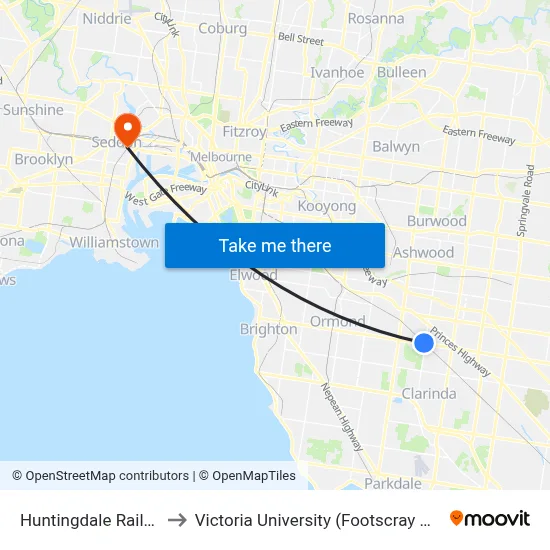 Huntingdale Railway Station to Victoria University (Footscray Nicholson Campus) map