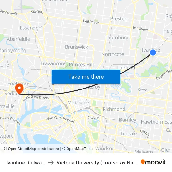 Ivanhoe Railway Station to Victoria University (Footscray Nicholson Campus) map