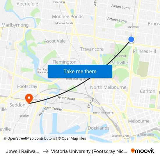Jewell Railway Station to Victoria University (Footscray Nicholson Campus) map