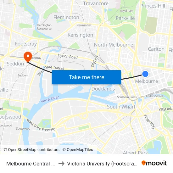 Melbourne Central Railway Station to Victoria University (Footscray Nicholson Campus) map