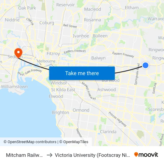 Mitcham Railway Station to Victoria University (Footscray Nicholson Campus) map