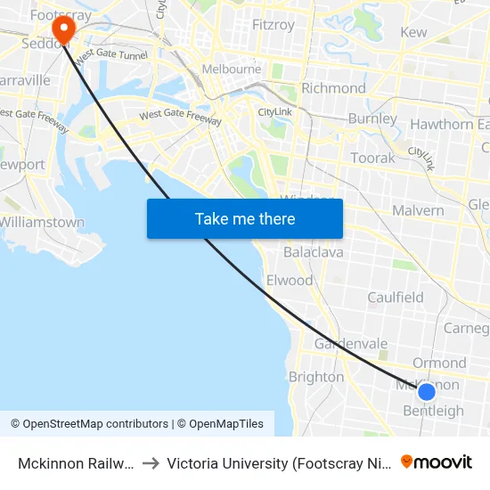 Mckinnon Railway Station to Victoria University (Footscray Nicholson Campus) map