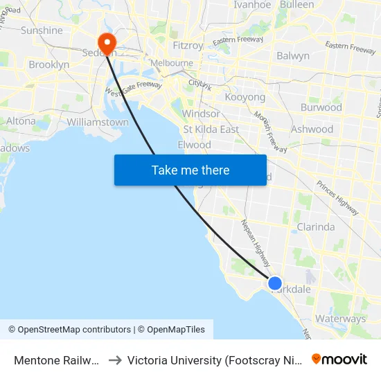 Mentone Railway Station to Victoria University (Footscray Nicholson Campus) map