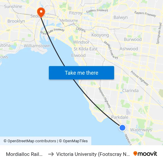 Mordialloc Railway Station to Victoria University (Footscray Nicholson Campus) map