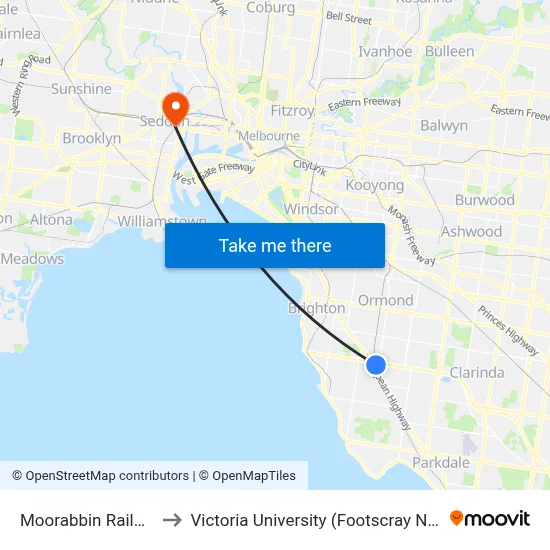 Moorabbin Railway Station to Victoria University (Footscray Nicholson Campus) map