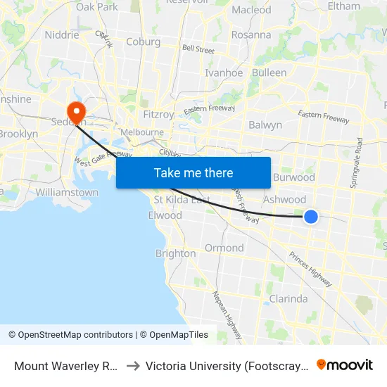Mount Waverley Railway Station to Victoria University (Footscray Nicholson Campus) map