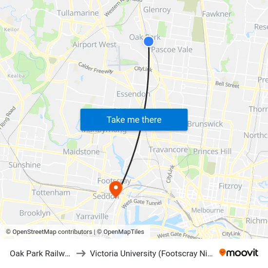 Oak Park Railway Station to Victoria University (Footscray Nicholson Campus) map