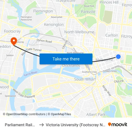 Parliament Railway Station to Victoria University (Footscray Nicholson Campus) map
