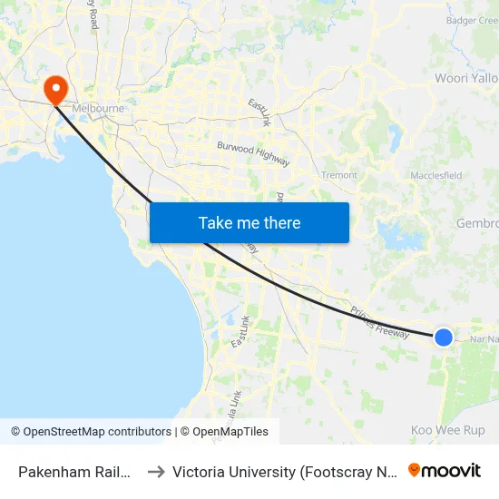 Pakenham Railway Station to Victoria University (Footscray Nicholson Campus) map