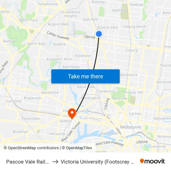 Pascoe Vale Railway Station to Victoria University (Footscray Nicholson Campus) map