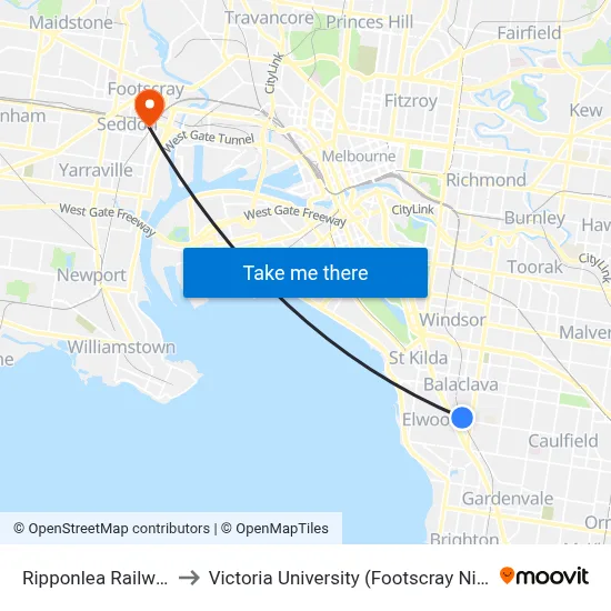 Ripponlea Railway Station to Victoria University (Footscray Nicholson Campus) map