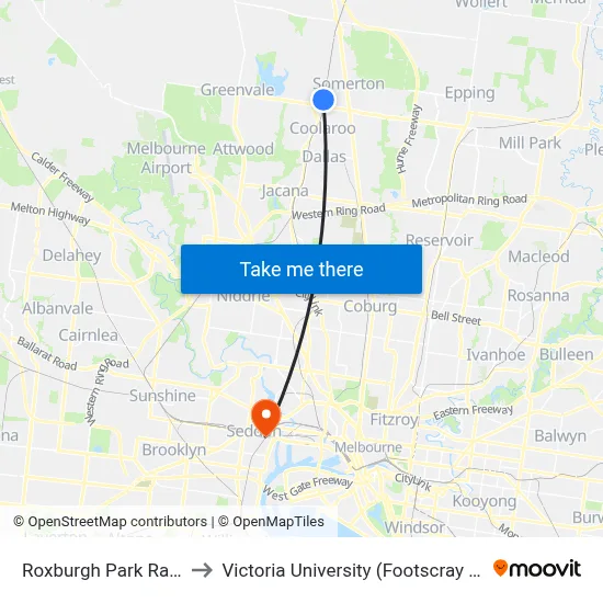 Roxburgh Park Railway Station to Victoria University (Footscray Nicholson Campus) map