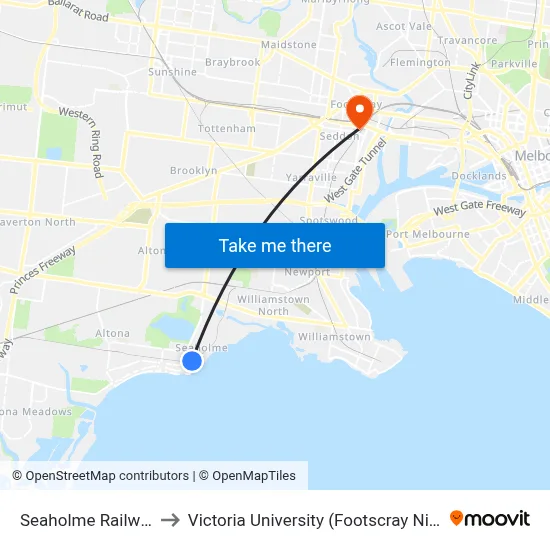 Seaholme Railway Station to Victoria University (Footscray Nicholson Campus) map