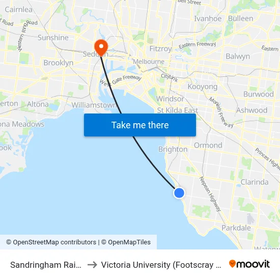 Sandringham Railway Station to Victoria University (Footscray Nicholson Campus) map